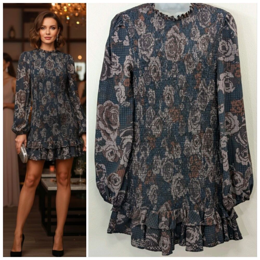 Zara Dress All Over Smocked Above The Knee Dress Balloon Sleeve Floral Vacation